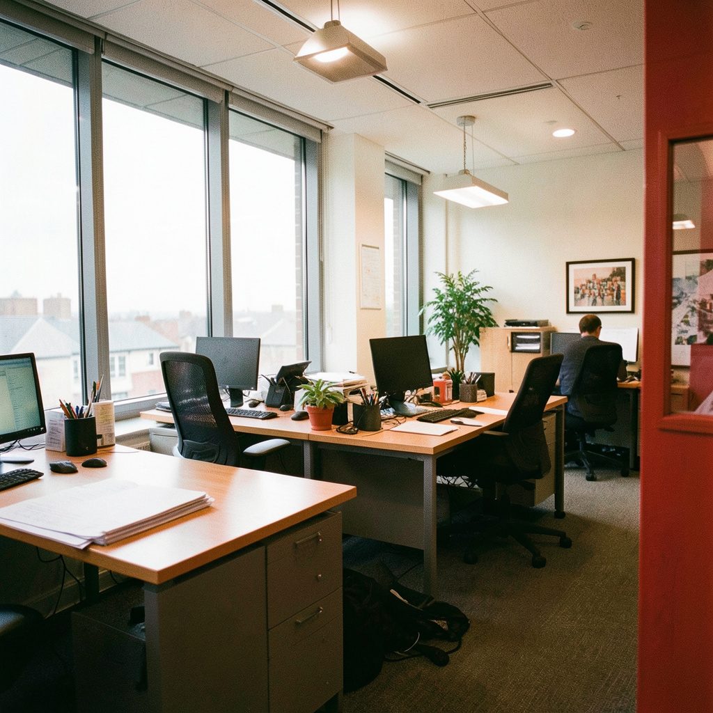 Contemporary office interior with glass partitions and natural daylight, muted neutrals